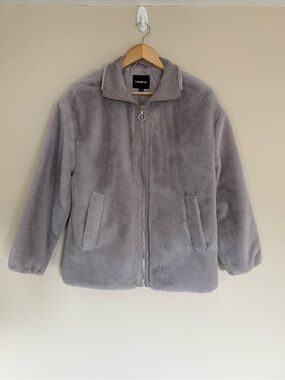 Express Faux Fur Plush Zip-Up Gray Bomber Jacket with Pockets Sz XS